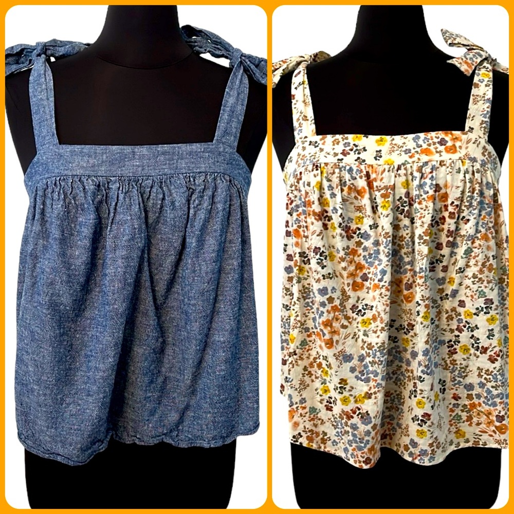 2 Summer Tops Floral & Chambray Bow Tie Straps - Picture 1 of 14